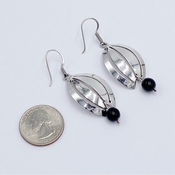 Taxco 925 Sterling Silver Modernist Black Onyx Dangle Earrings - Picture 5 of 9